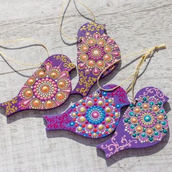 Bird Shaped Mandala Ornament Dot Art: Hand-Painted Acrylic Purple Ornament - Picture 4 of 6